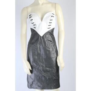 VTG Climax Karen Okada for David Howard Leather Dress Size XS B&W Strapless Mini